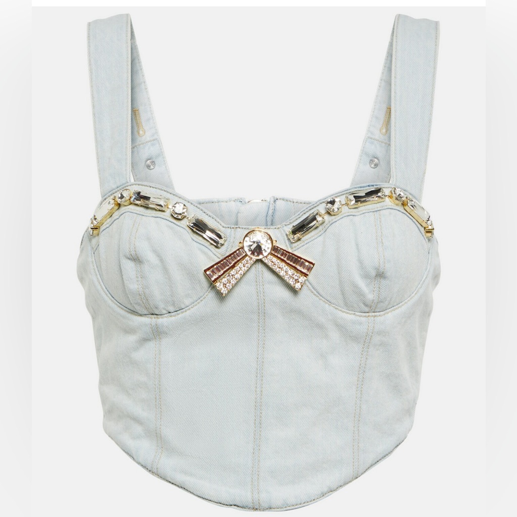 Area - Crystal-Embellished Denim Crop Top, Size 16, $695 — image 2 of 8